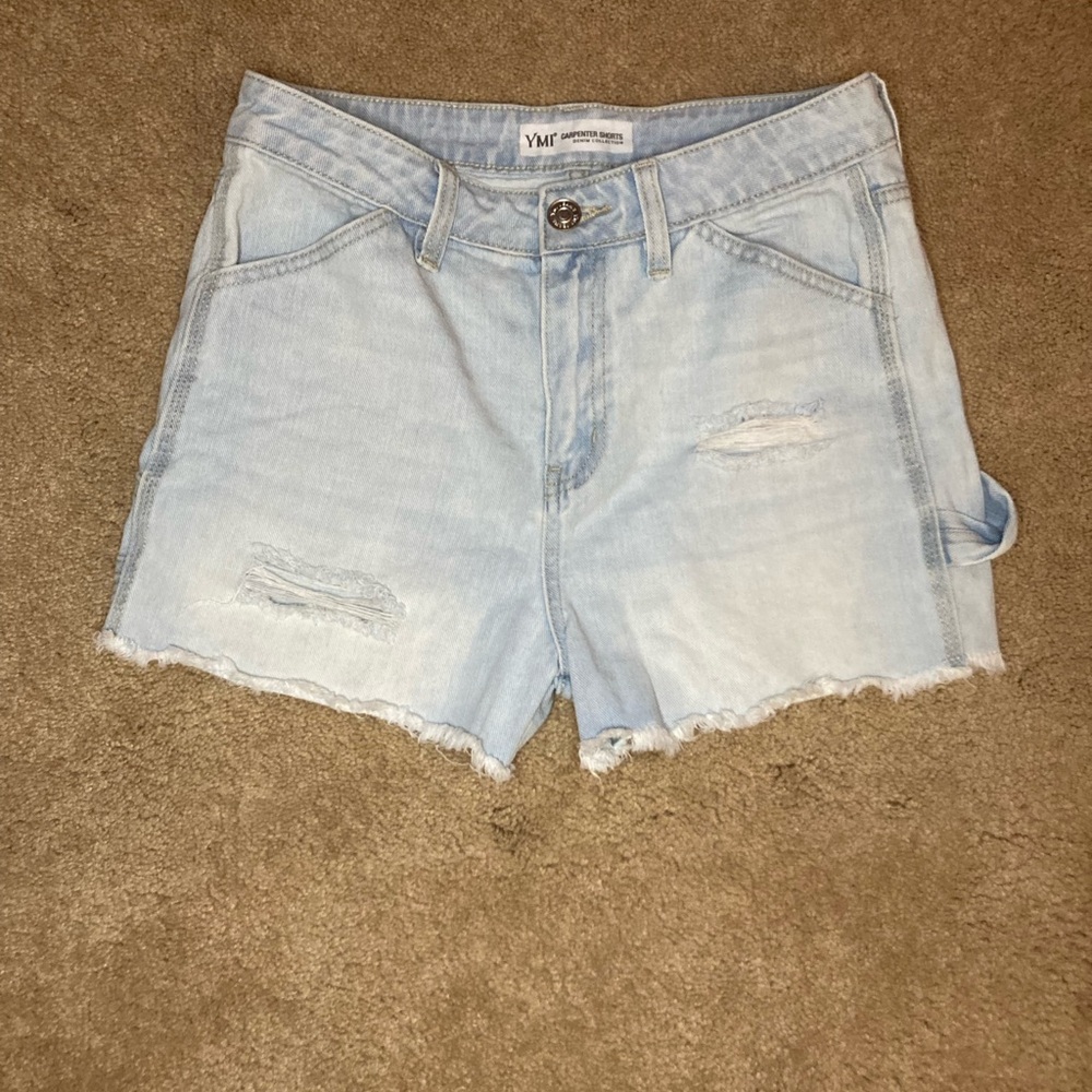 YMI Women's Light Blue Distressed Denim Carpenter Shorts